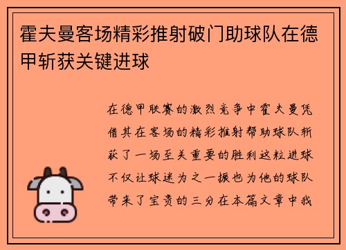 霍夫曼客场精彩推射破门助球队在德甲斩获关键进球